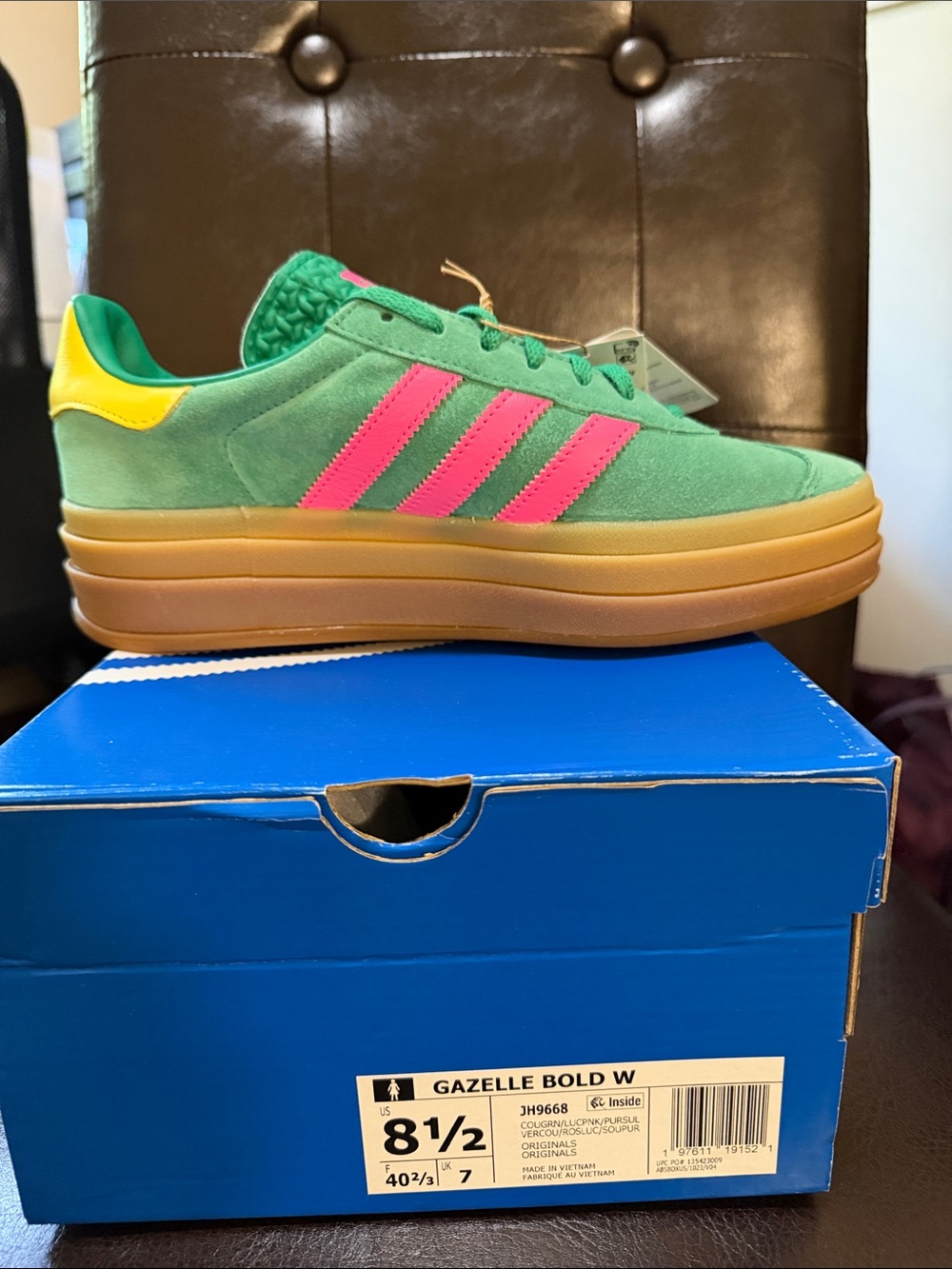 adidas women's Gazelle Bold W Green Pink Yellow Platform Sneaker